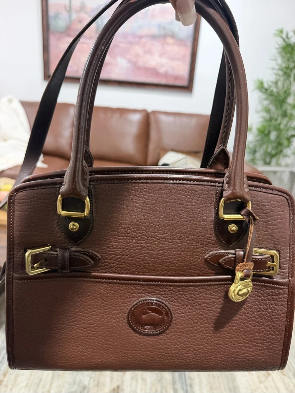 Dooney & Bourke Brown Pebble Leather Satchel with Gold Hardware